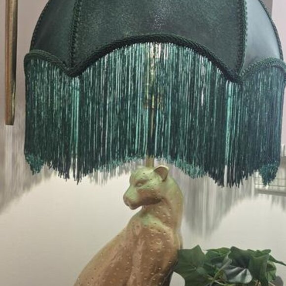 Gold Tone Leopard Green Art Deco Fringe Shade Table Lamp NEW - Picture 8 of 9